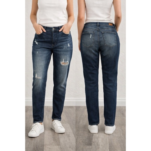 Judy Blue Denim - Judy Blue Boyfriend Fit Jeans Womens 10W Dark Wash Distressed Stretch Denim